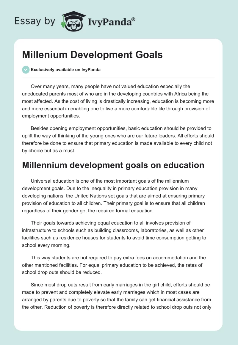 Millenium Development Goals. Page 1