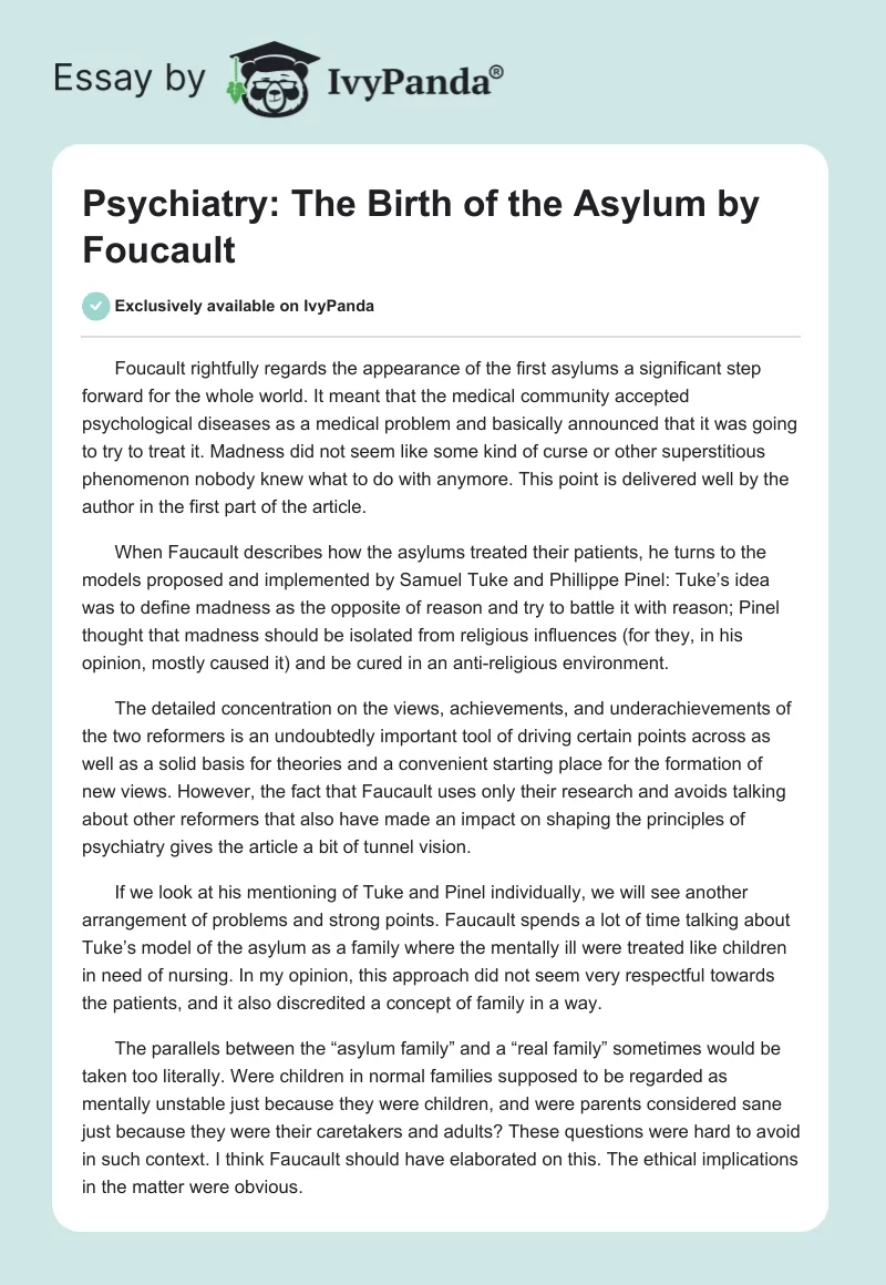 Psychiatry: "The Birth of the Asylum" by Foucault. Page 1