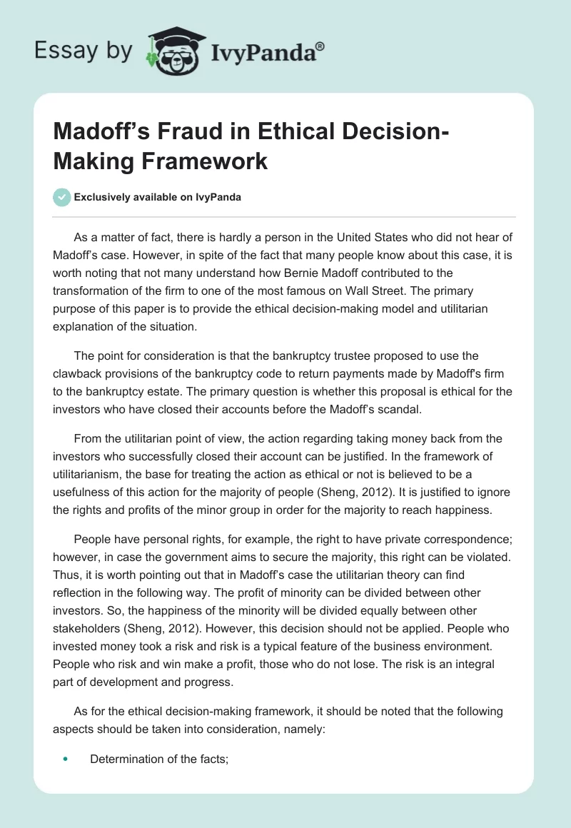 Madoff’s Fraud in Ethical Decision-Making Framework. Page 1