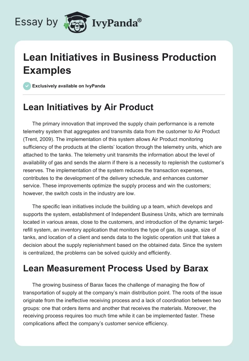 Lean Initiatives in Business Production Examples. Page 1