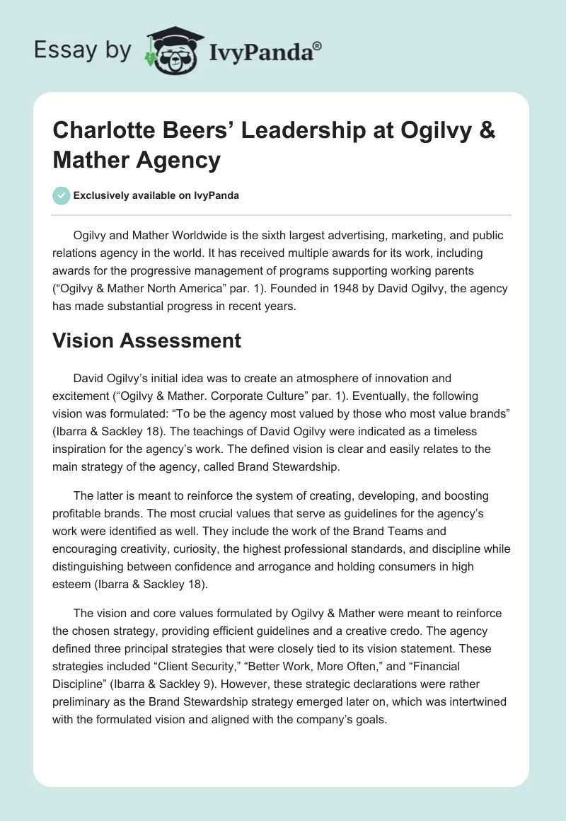 Charlotte Beers’ Leadership at Ogilvy & Mather Agency. Page 1