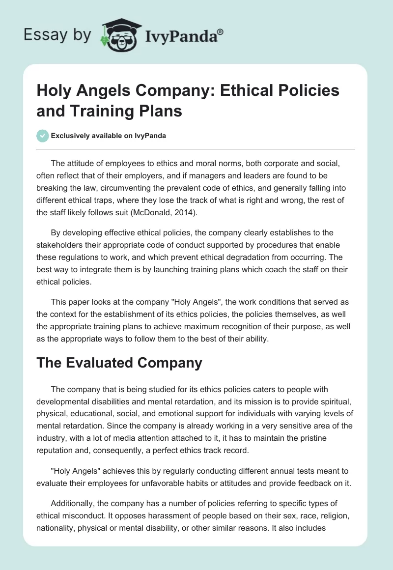 Holy Angels Company: Ethical Policies and Training Plans. Page 1
