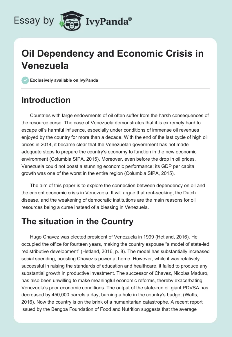 Oil Dependency and Economic Crisis in Venezuela. Page 1