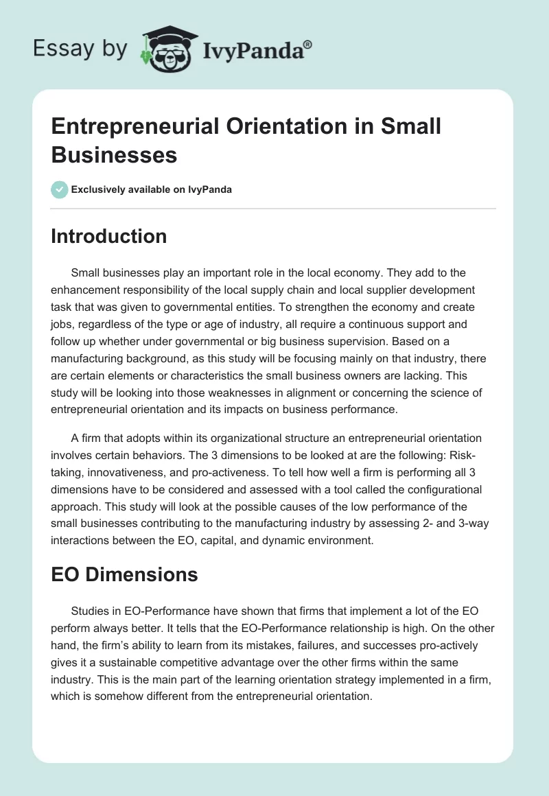Entrepreneurial Orientation in Small Businesses. Page 1