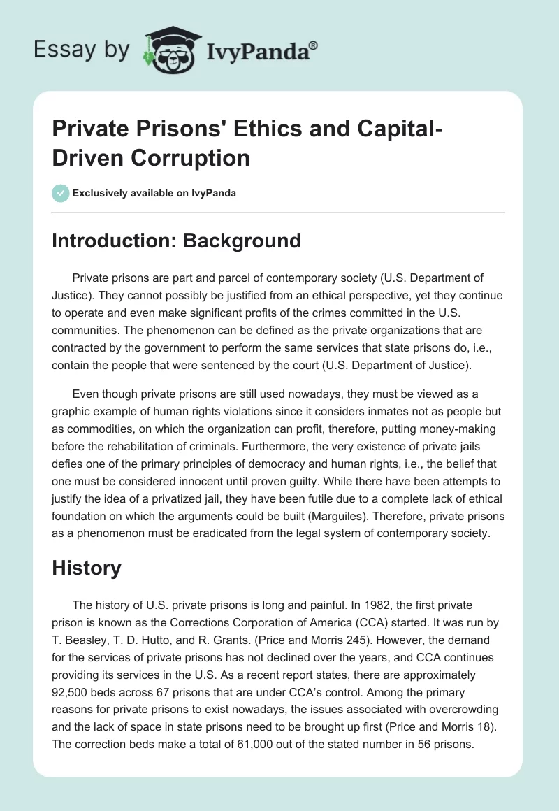 Private Prisons' Ethics and Capital-Driven Corruption. Page 1