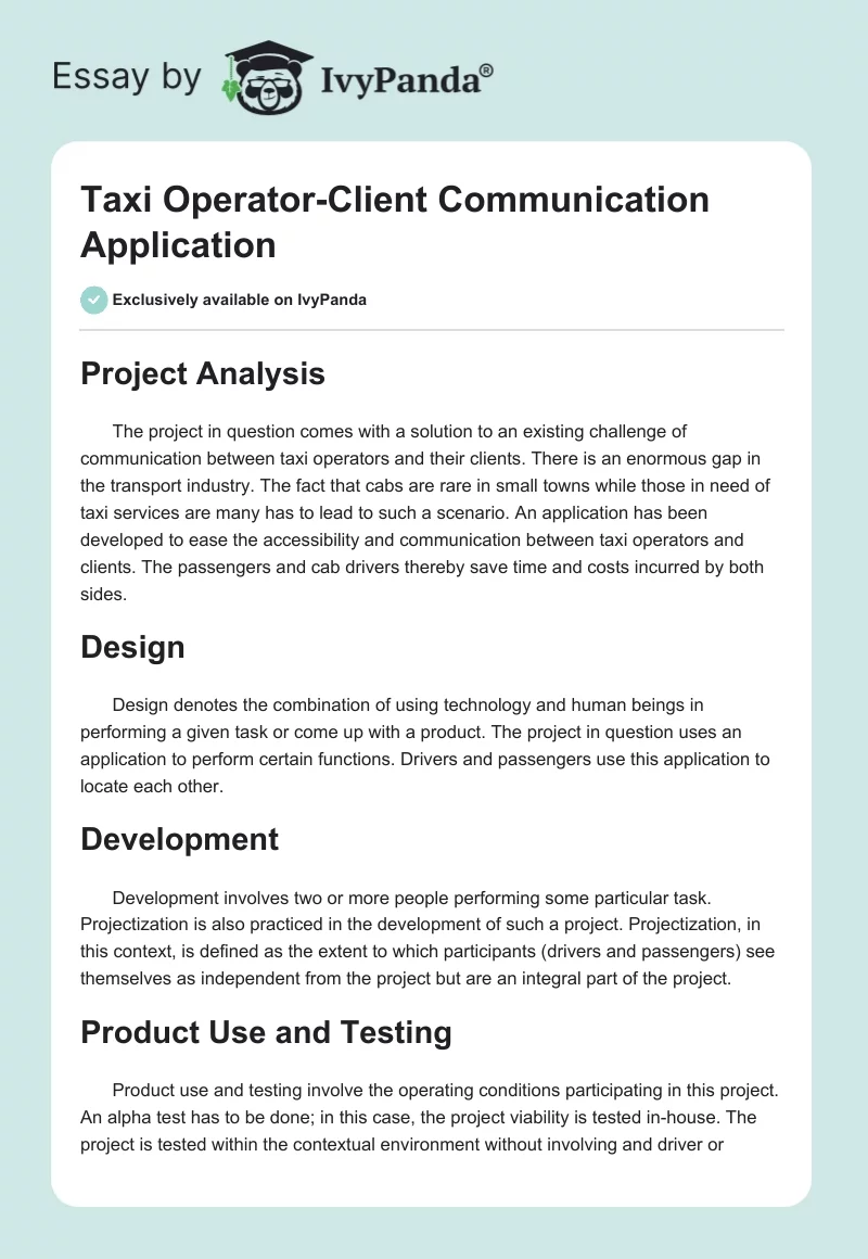Taxi Operator-Client Communication Application. Page 1