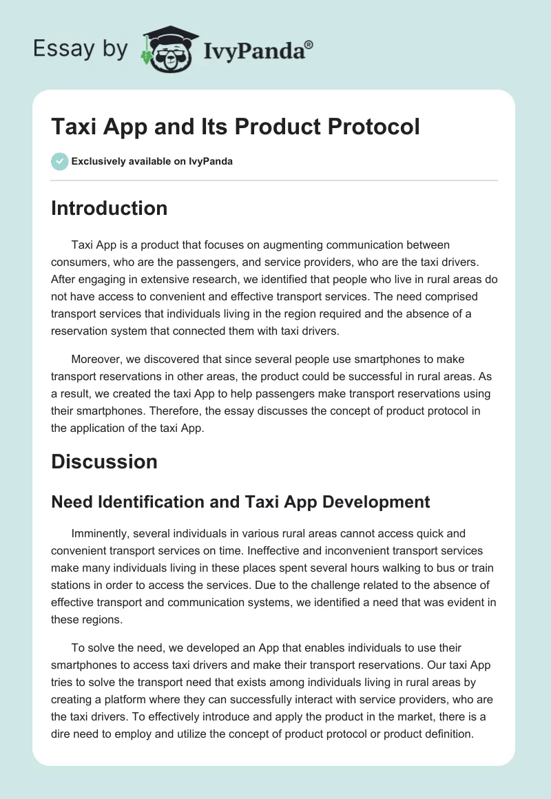 Taxi App and Its Product Protocol. Page 1