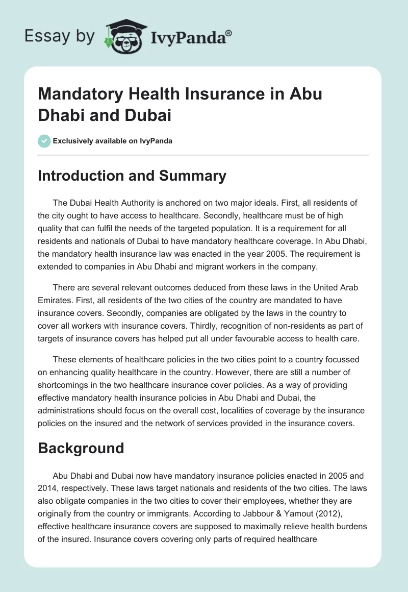 Mandatory Health Insurance in Abu Dhabi and Dubai. Page 1