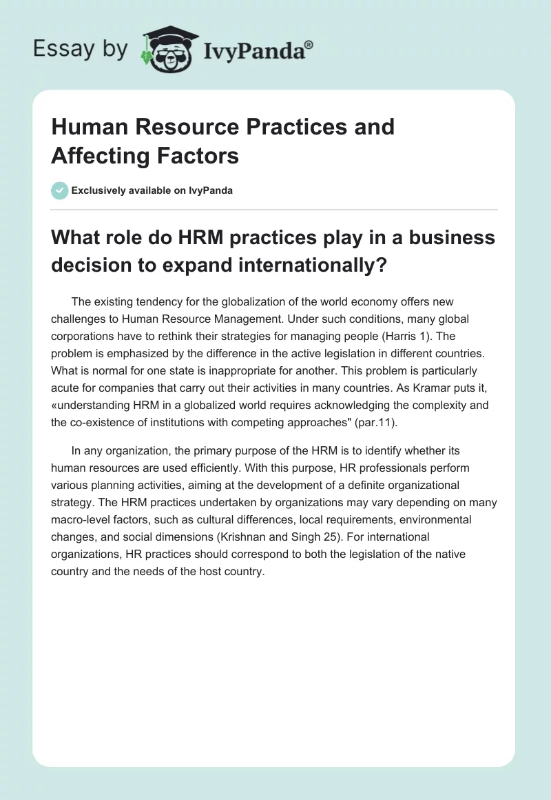 Human Resource Practices and Affecting Factors. Page 1