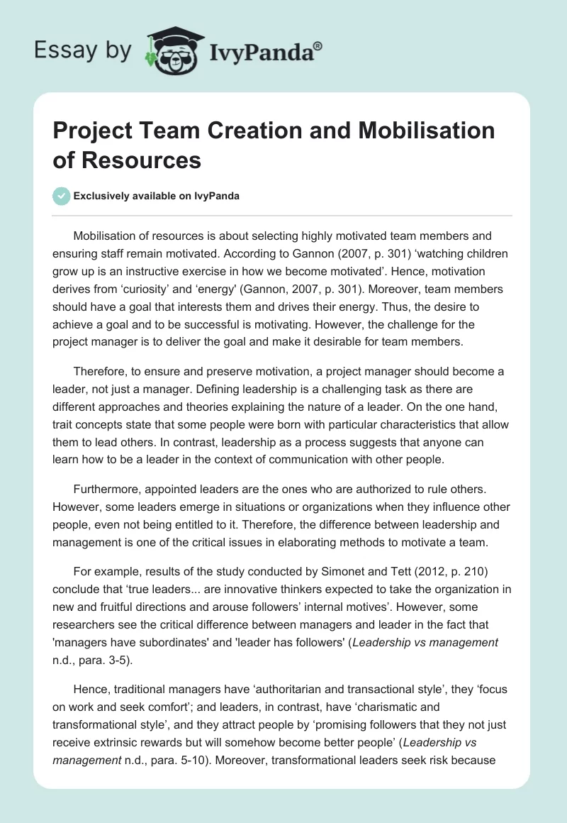 Project Team Creation and Mobilisation of Resources. Page 1