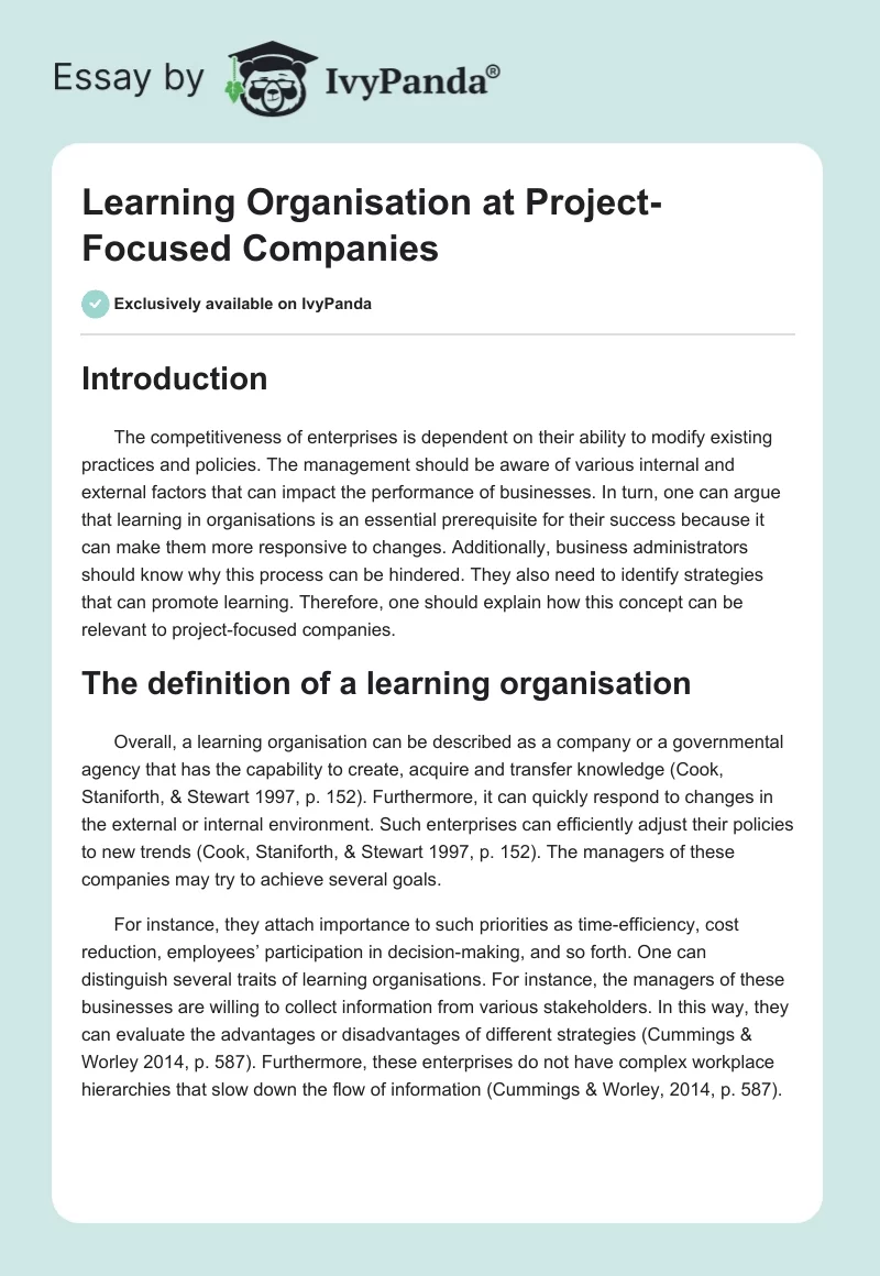 Learning Organisation at Project-Focused Companies. Page 1