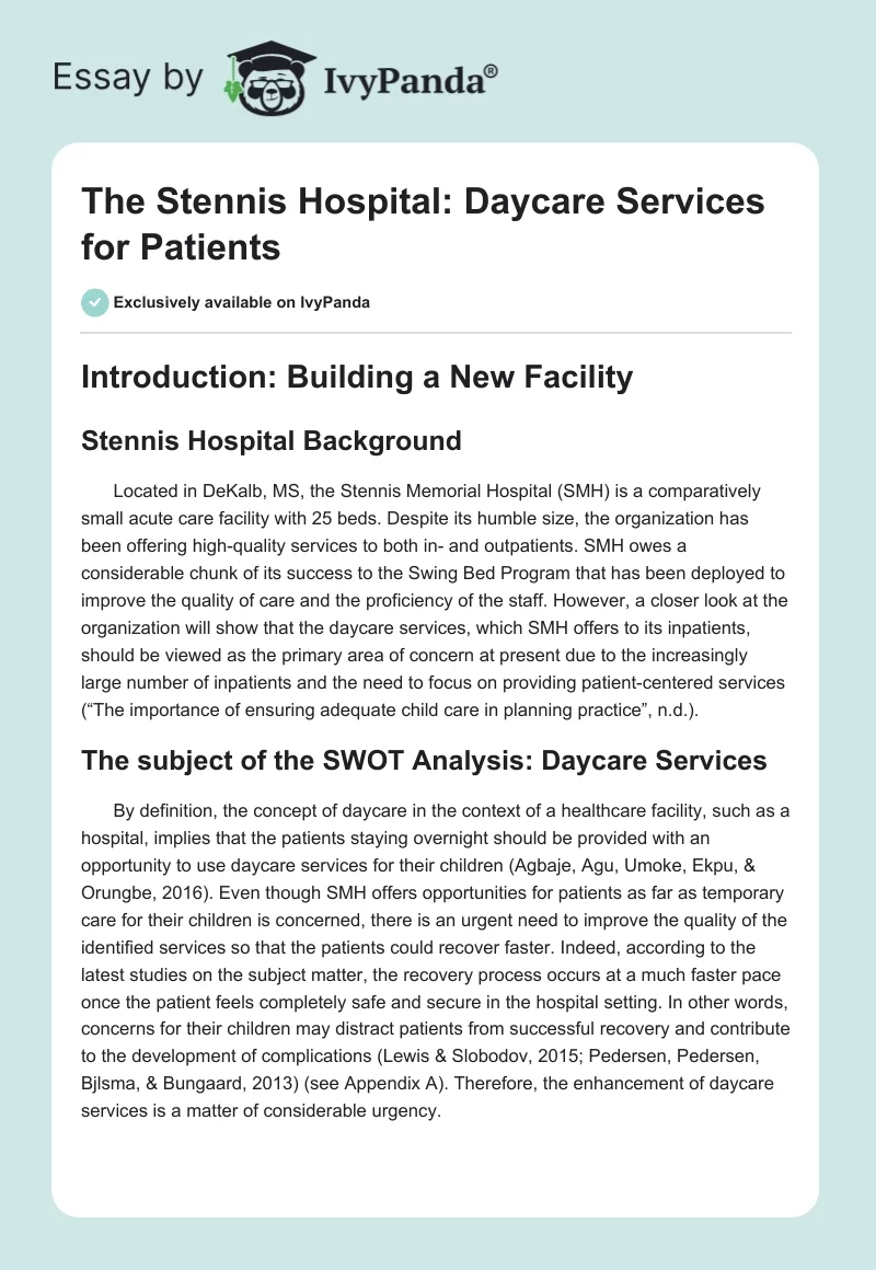 The Stennis Hospital: Daycare Services for Patients. Page 1