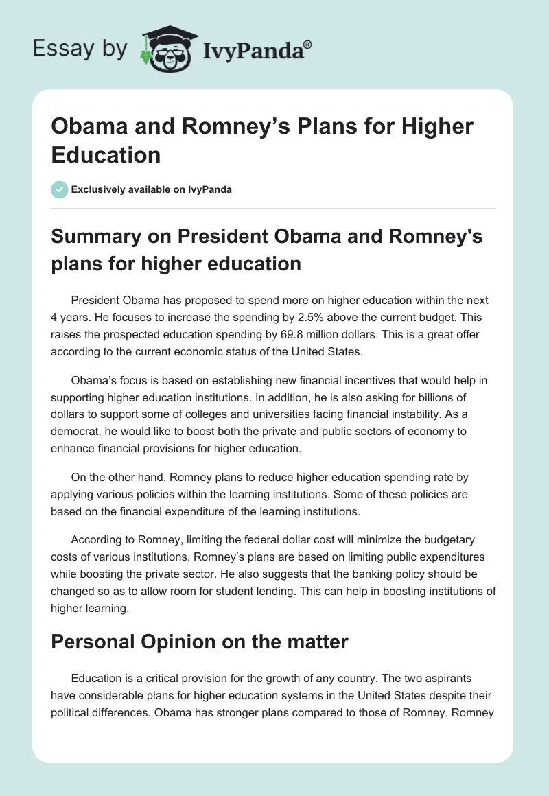 Obama and Romney’s Plans for Higher Education. Page 1