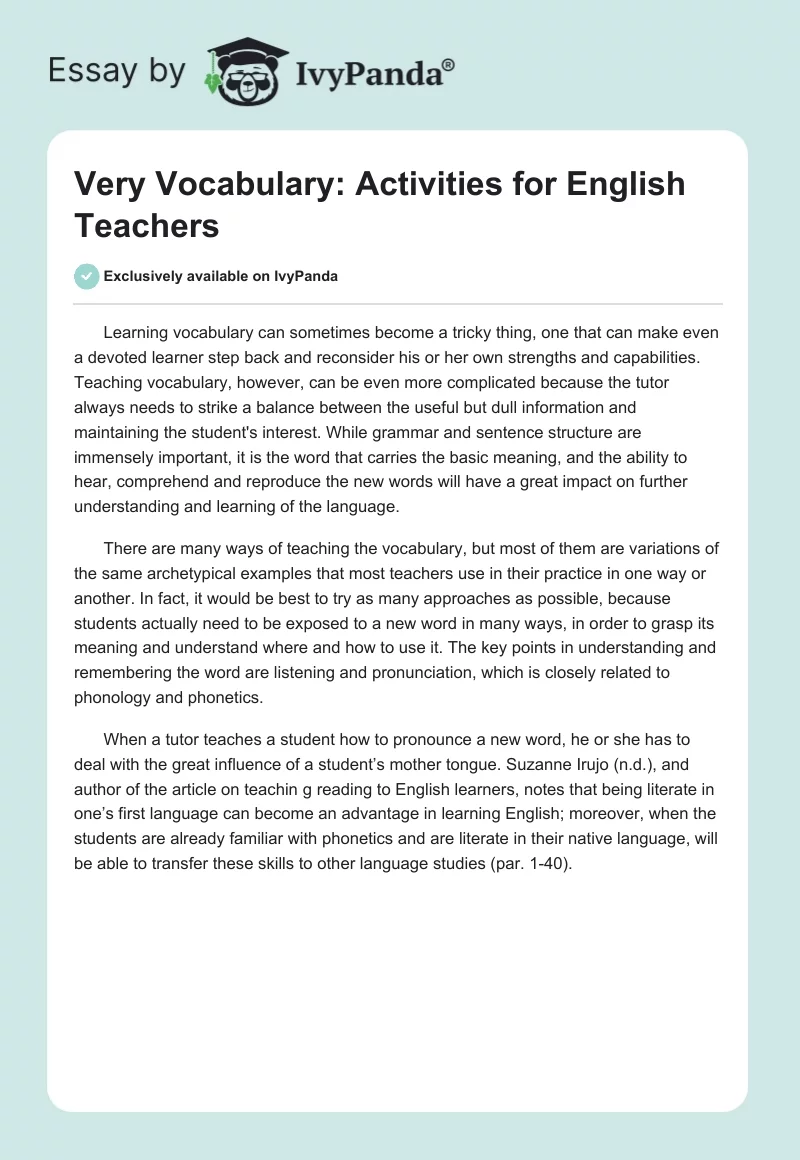 Very Vocabulary: Activities for English Teachers. Page 1
