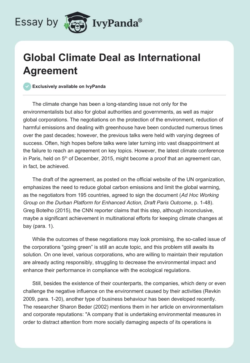 Global Climate Deal as International Agreement. Page 1