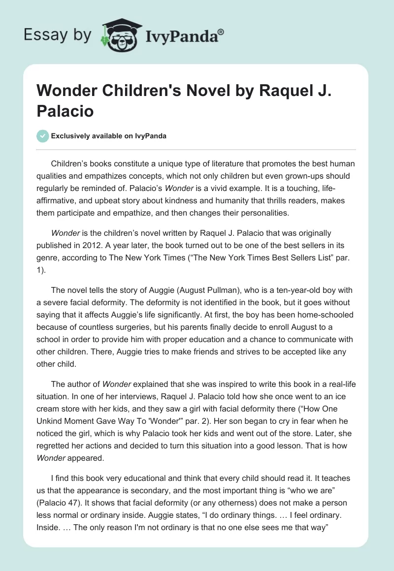 "Wonder" Children's Novel by Raquel J. Palacio. Page 1