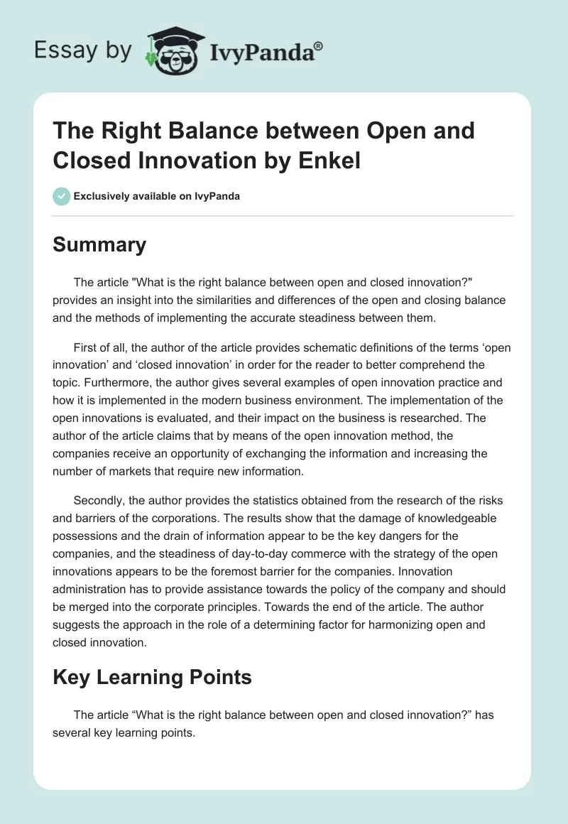 The Right Balance between Open and Closed Innovation by Enkel. Page 1