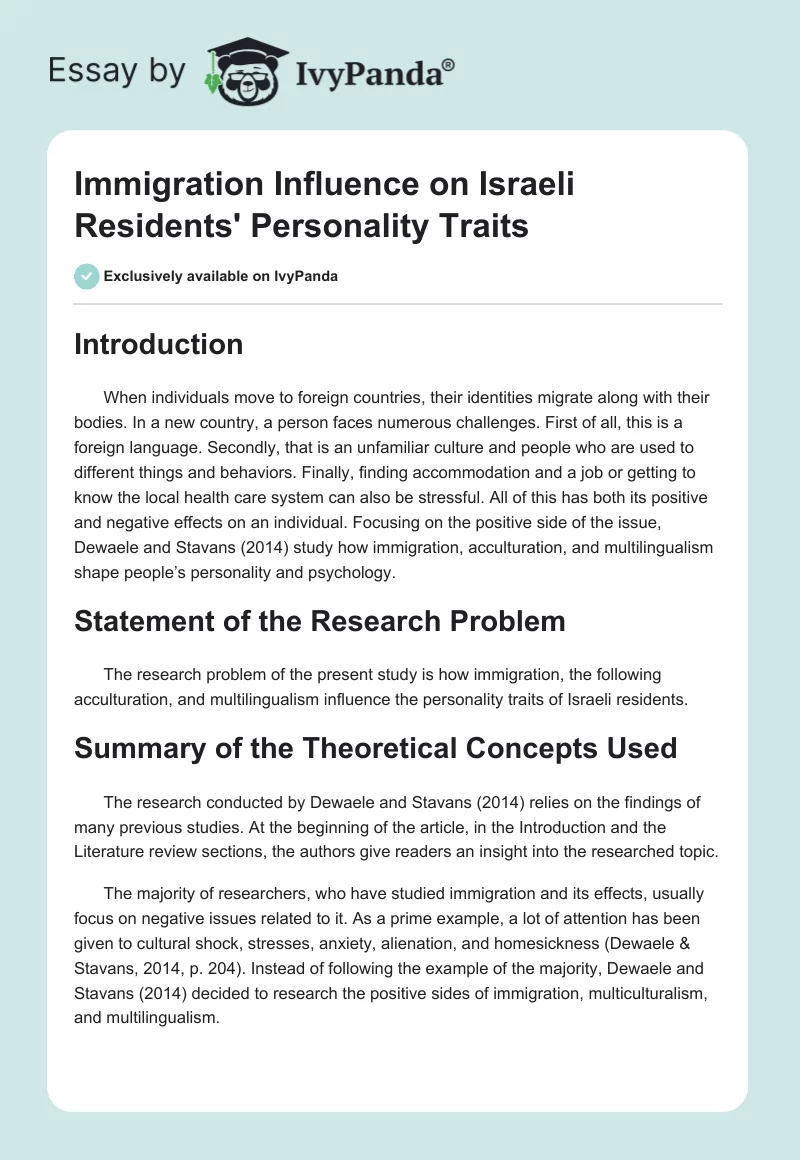 Immigration Influence on Israeli Residents' Personality Traits. Page 1