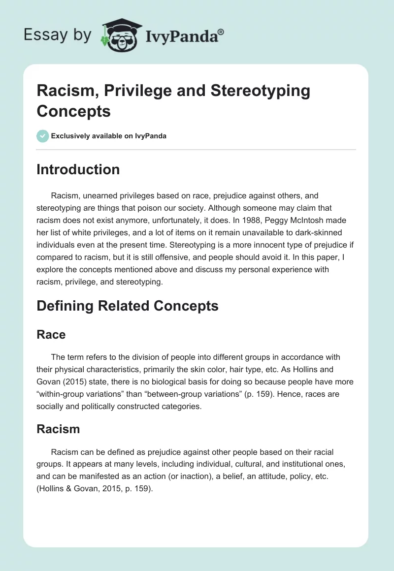 Racism, Privilege and Stereotyping Concepts. Page 1