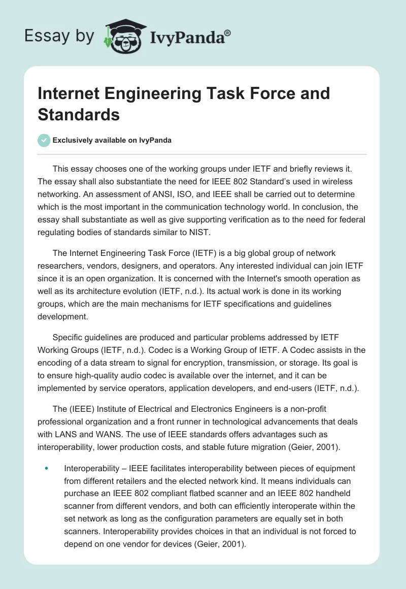 Internet Engineering Task Force and Standards. Page 1