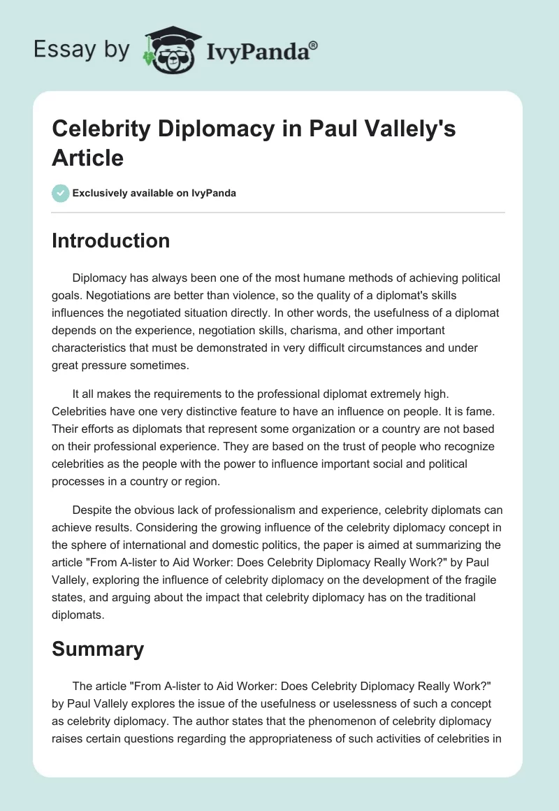Celebrity Diplomacy in Paul Vallely's Article. Page 1