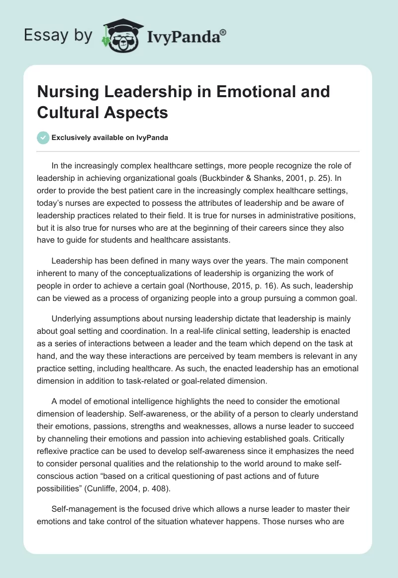 Nursing Leadership in Emotional and Cultural Aspects. Page 1