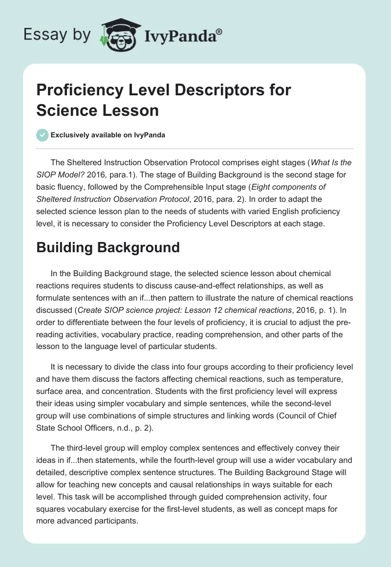 Proficiency Level Descriptors for Science Lesson. Page 1