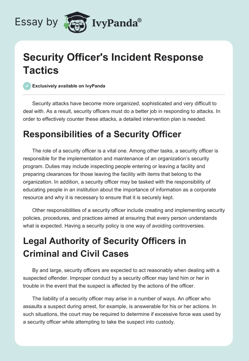 Security Officer's Incident Response Tactics. Page 1