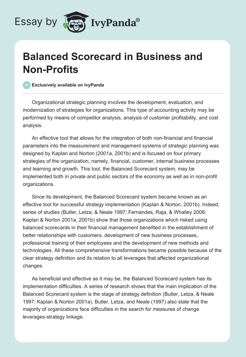 Balanced Scorecard in Business and Non-Profits. Page 1