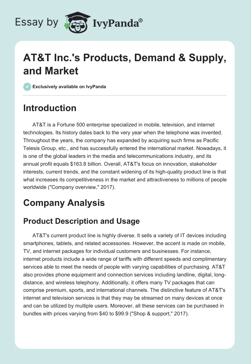 AT&T Inc.'s Products, Demand & Supply, and Market. Page 1