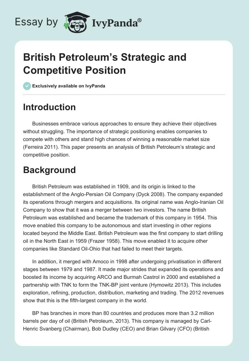 British Petroleum’s Strategic and Competitive Position. Page 1