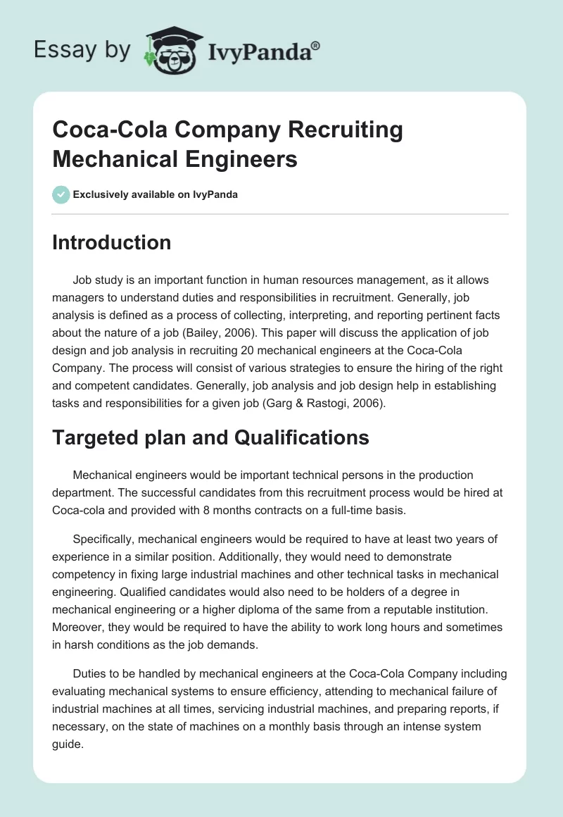 Coca-Cola Company Recruiting Mechanical Engineers. Page 1