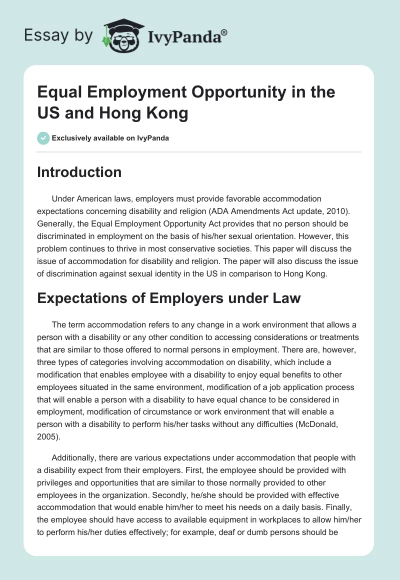 Equal Employment Opportunity in the US and Hong Kong. Page 1