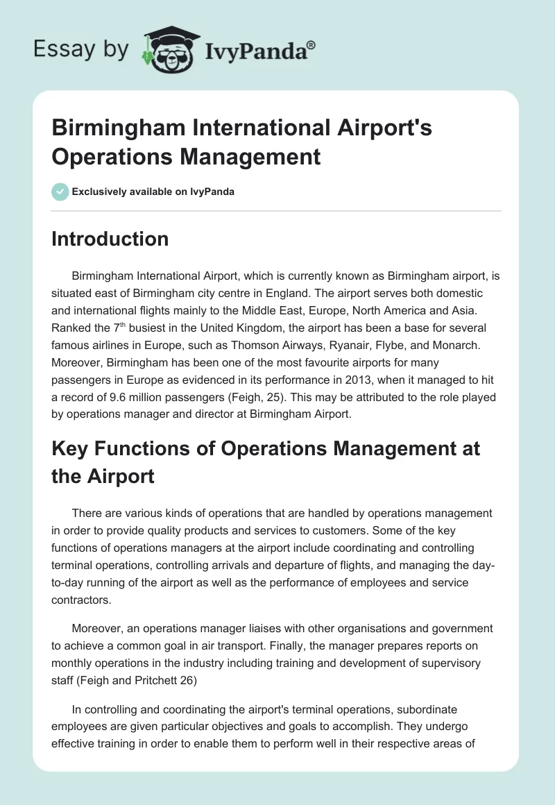 Birmingham International Airport's Operations Management. Page 1