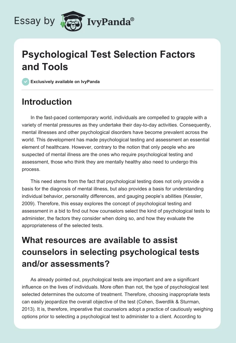 Psychological Test Selection Factors and Tools. Page 1