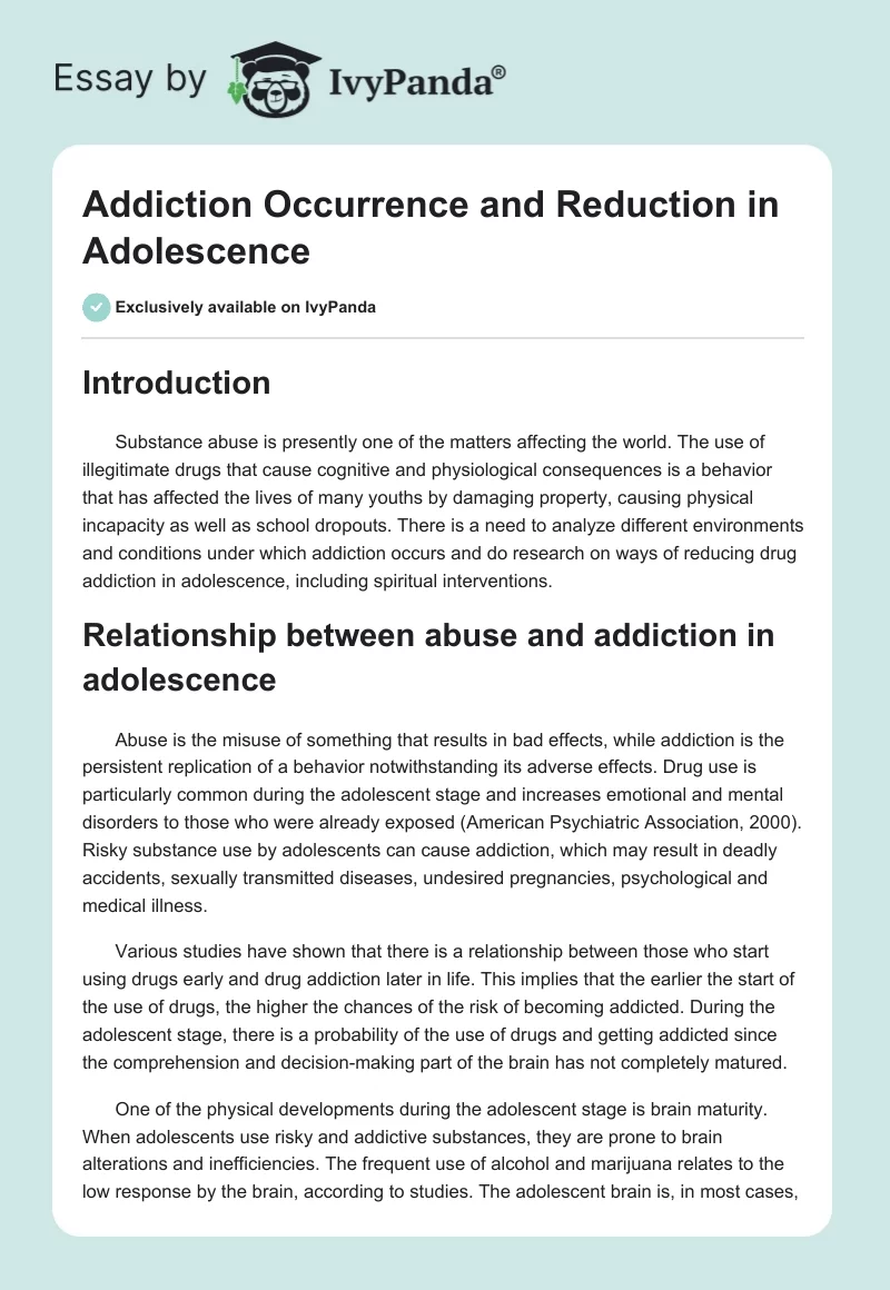 Addiction Occurrence and Reduction in Adolescence. Page 1