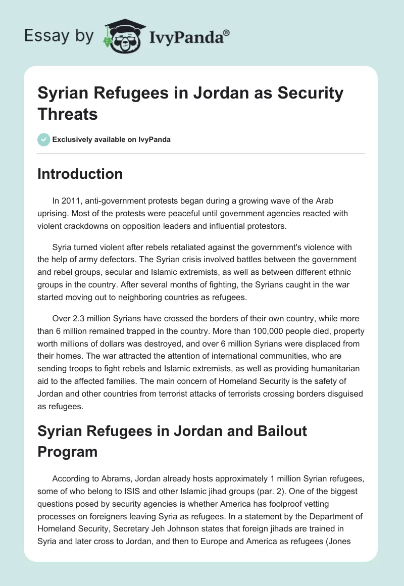 Syrian Refugees in Jordan as Security Threats. Page 1