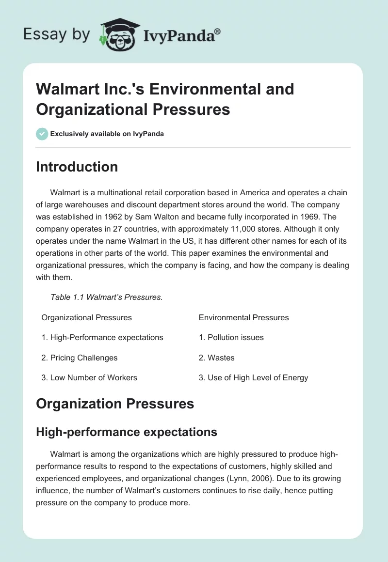 Walmart Inc.'s Environmental and Organizational Pressures. Page 1