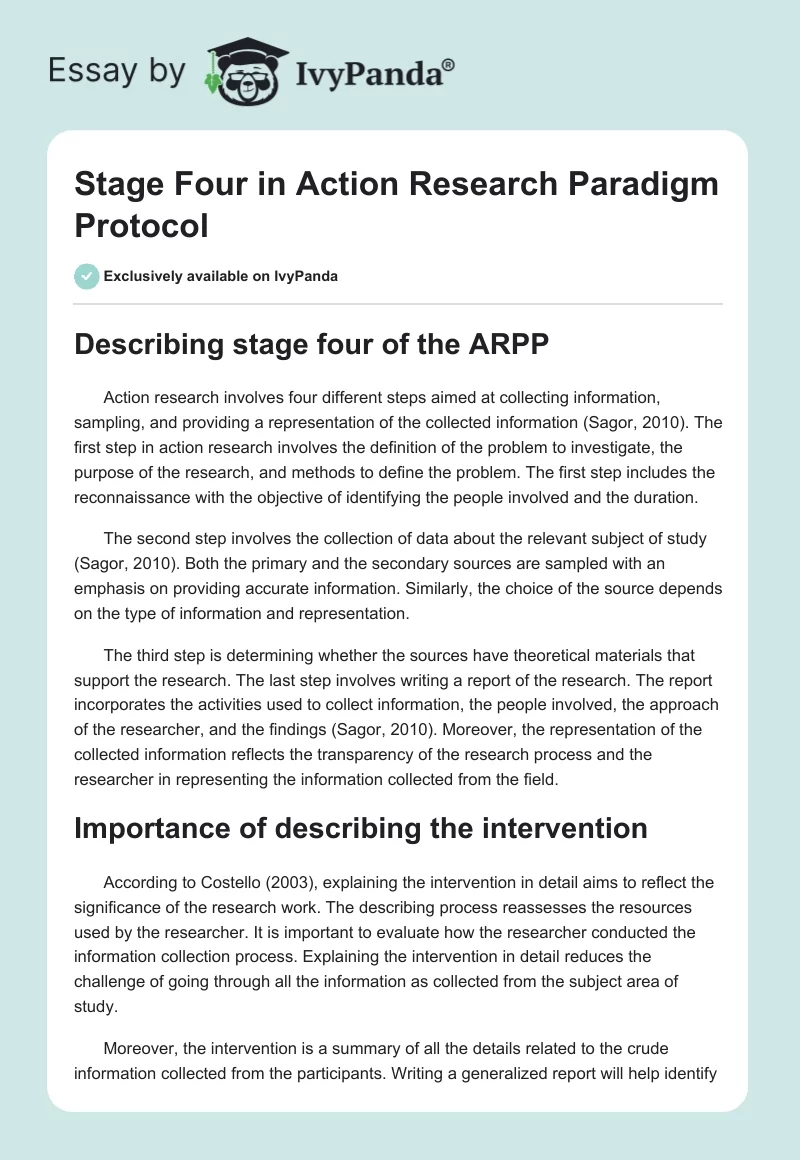 Stage Four in Action Research Paradigm Protocol. Page 1