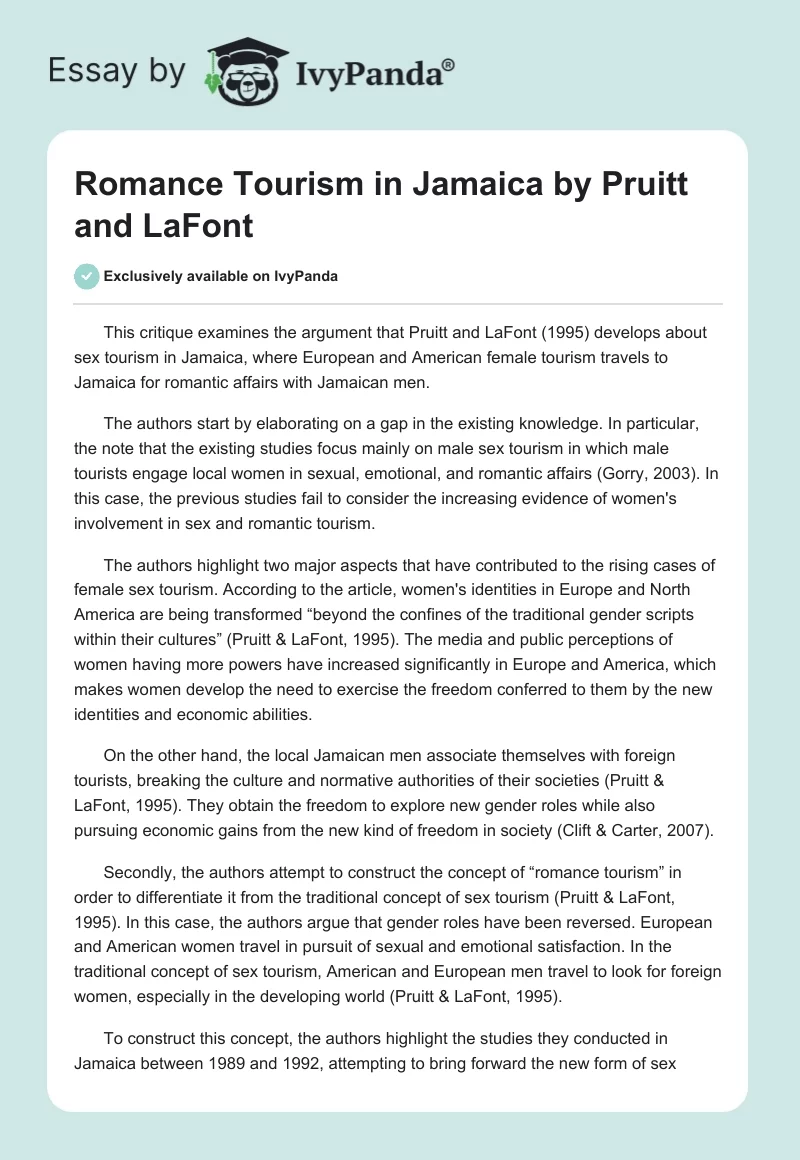 "Romance Tourism in Jamaica" by Pruitt and LaFont. Page 1
