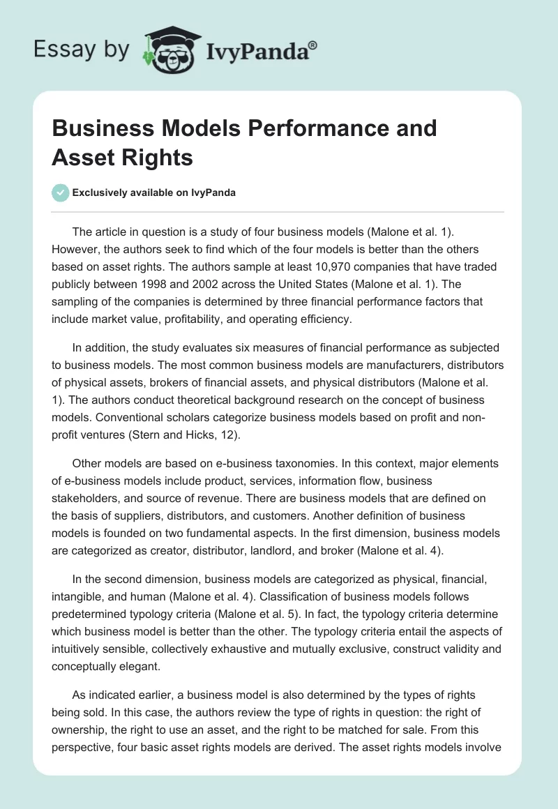 Business Models Performance and Asset Rights. Page 1