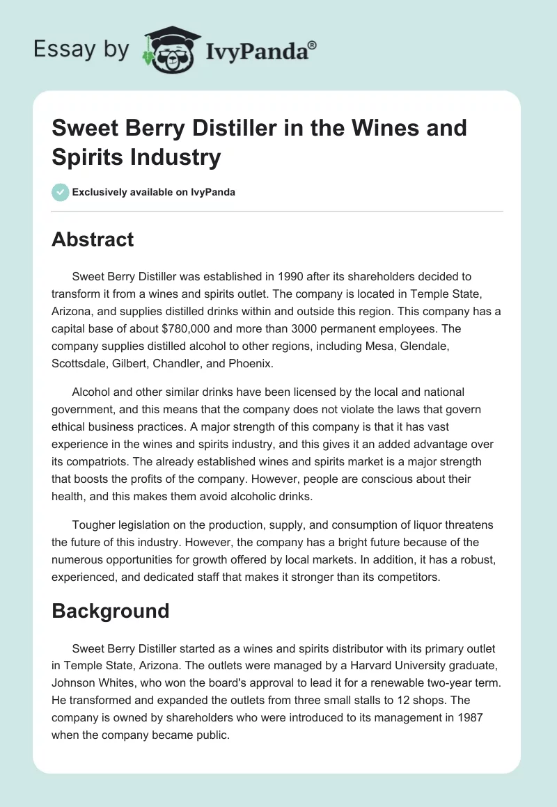 Sweet Berry Distiller in the Wines and Spirits Industry. Page 1