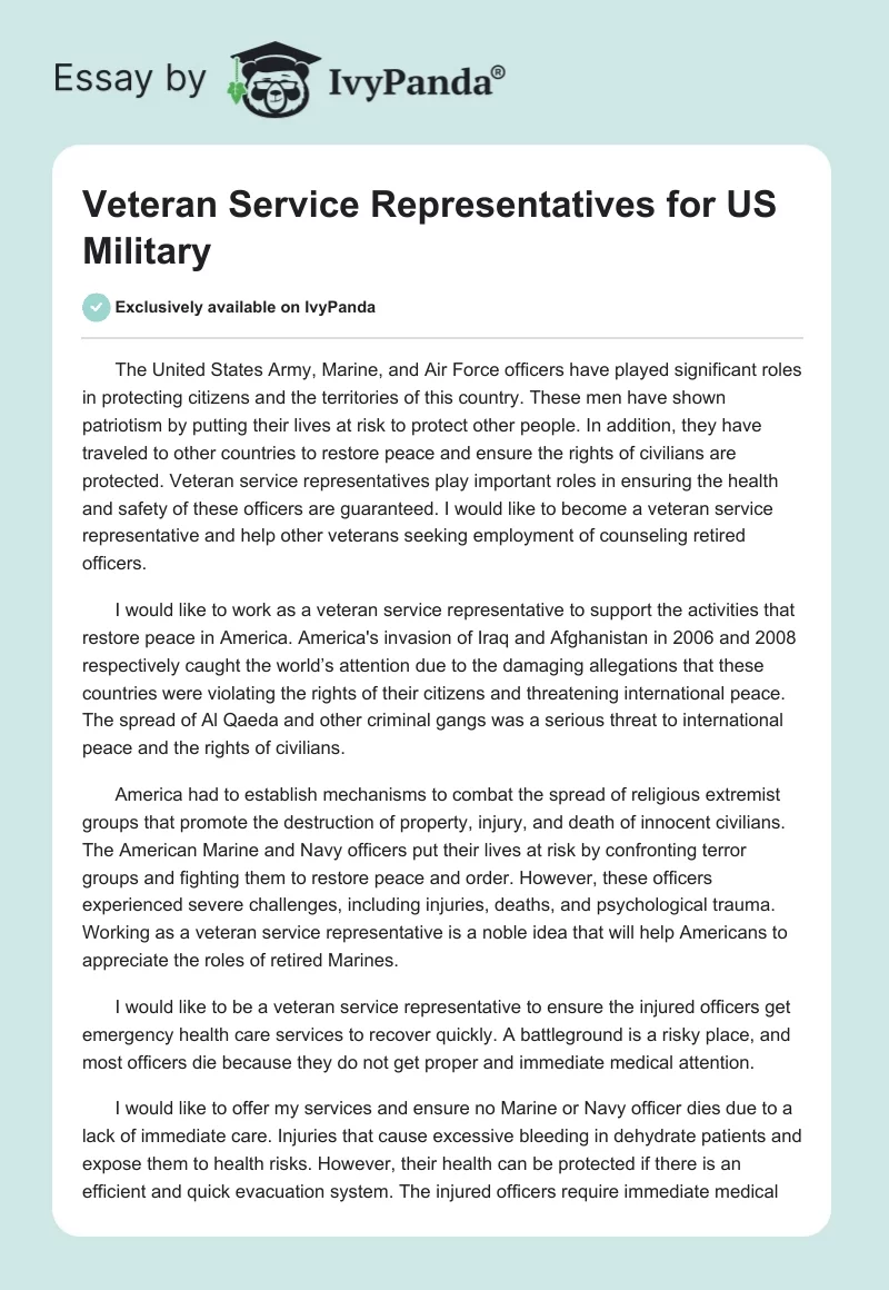 Veteran Service Representatives for US Military. Page 1