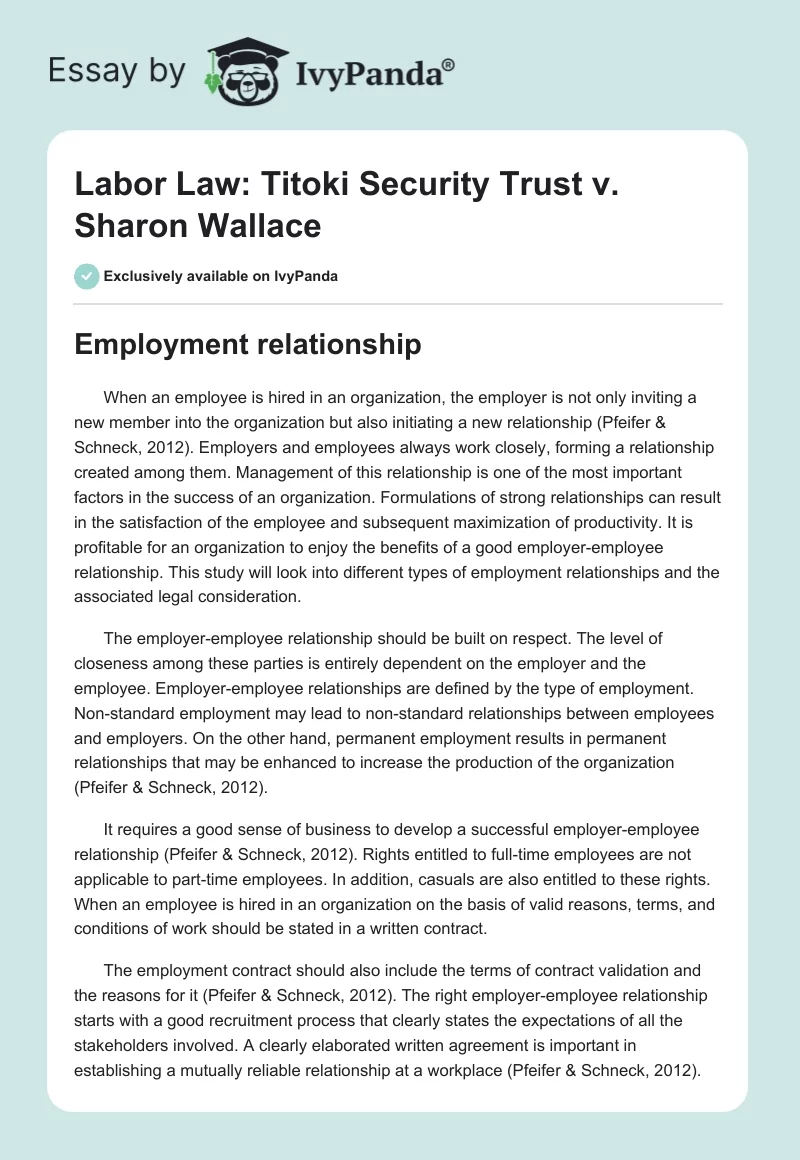 Labor Law: Titoki Security Trust v. Sharon Wallace. Page 1