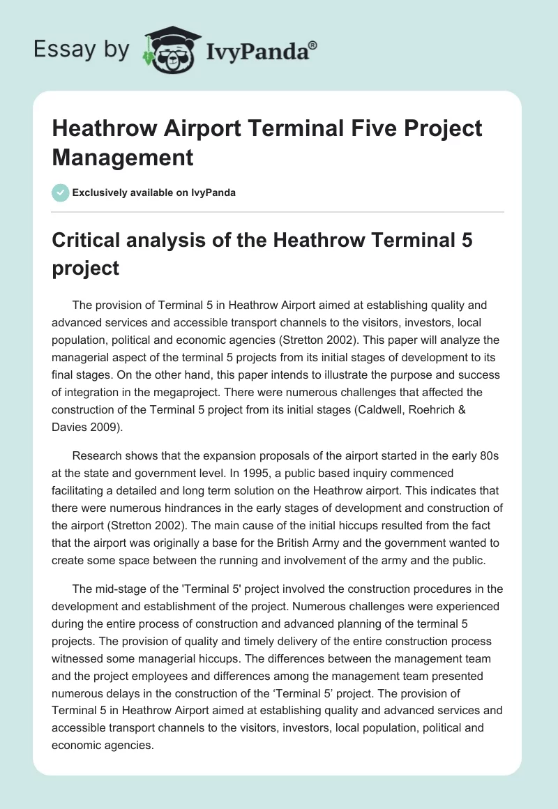Heathrow Airport Terminal Five Project Management. Page 1