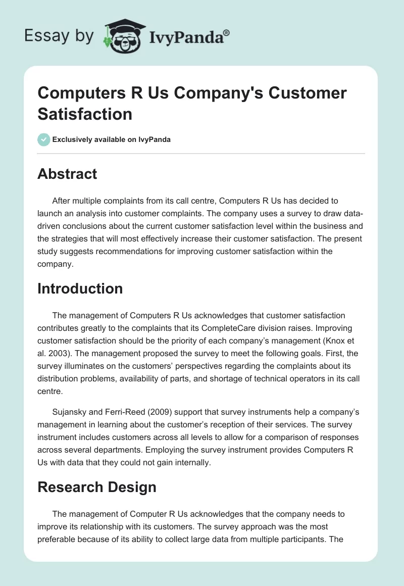 Computers R Us Company's Customer Satisfaction. Page 1