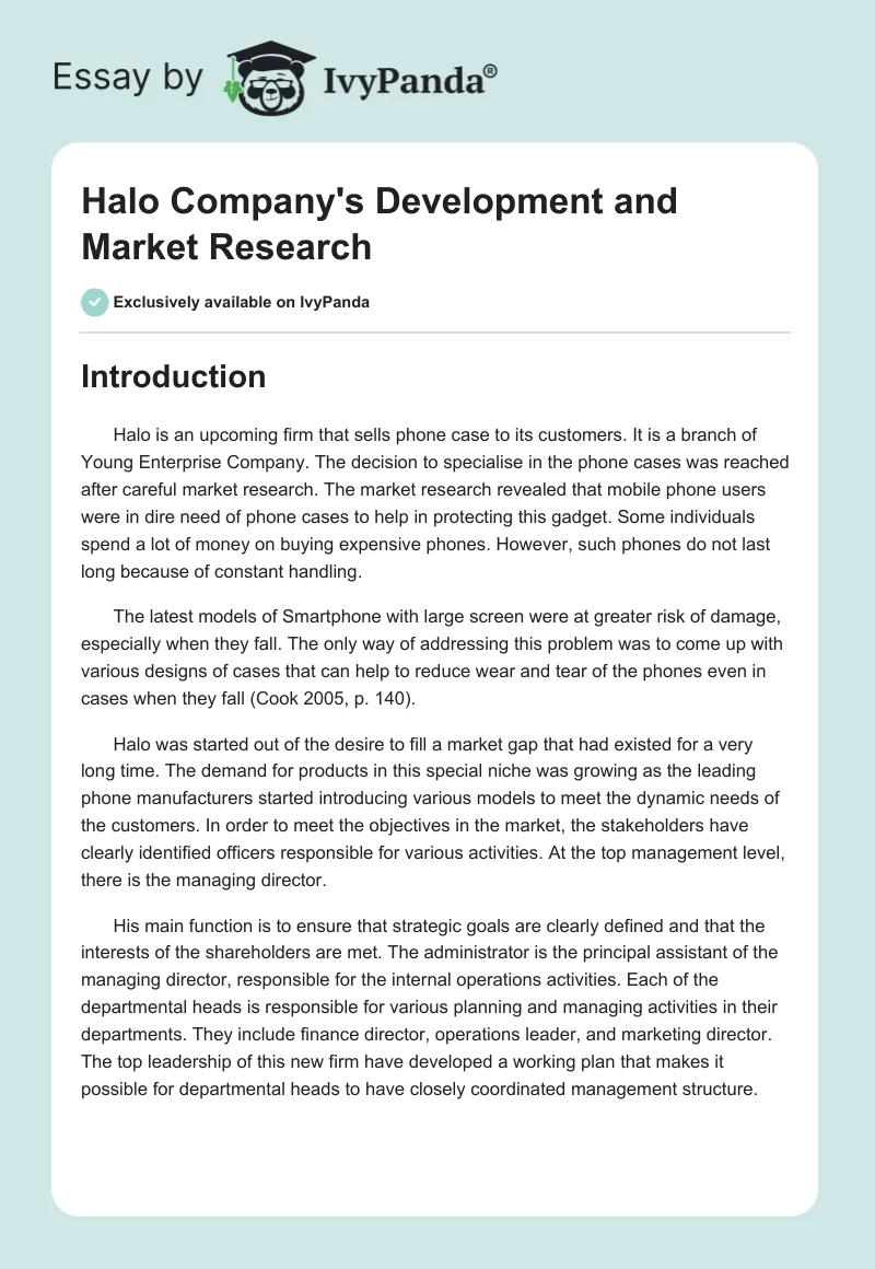 Halo Company's Development and Market Research. Page 1