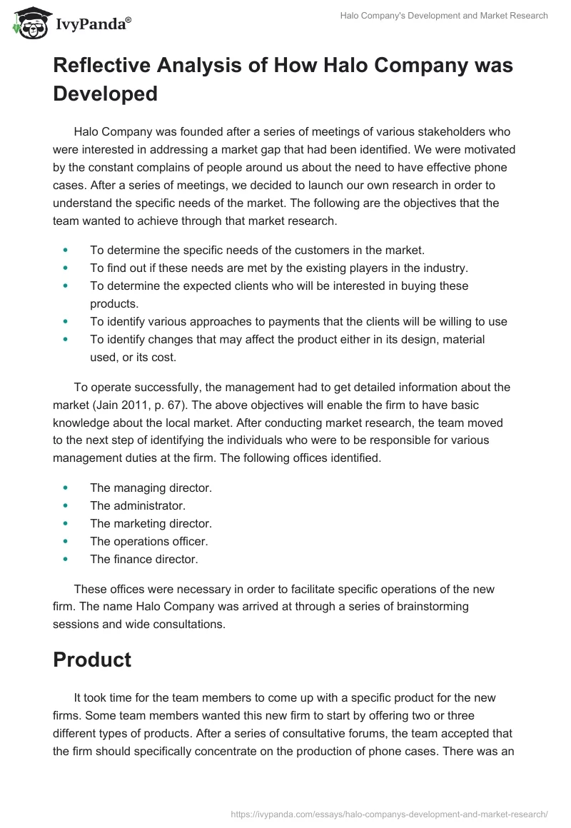 Halo Company's Development and Market Research. Page 2