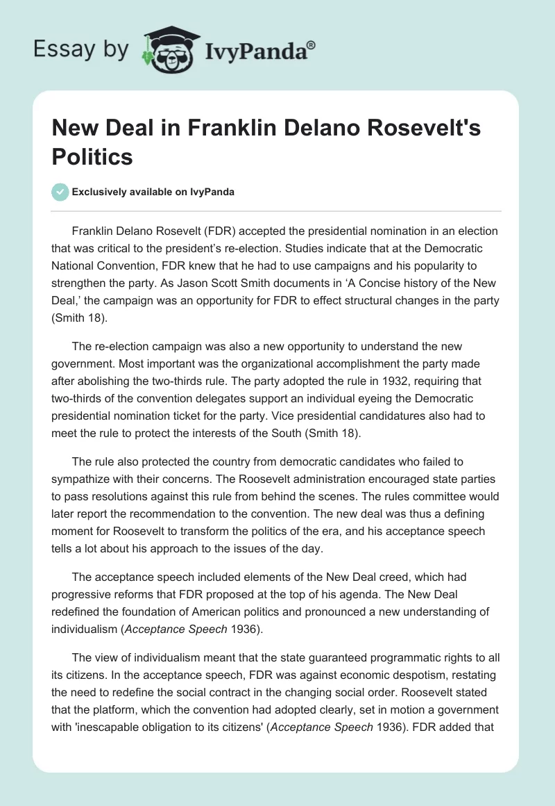 New Deal in Franklin Delano Rosevelt's Politics. Page 1