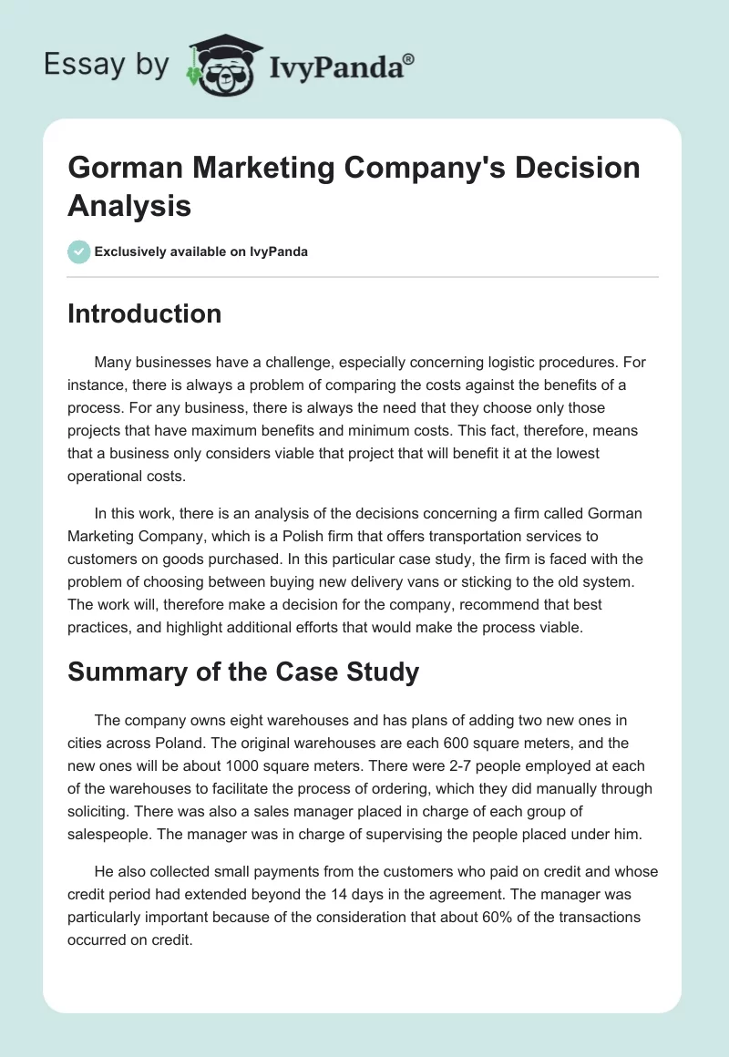 Gorman Marketing Company's Decision Analysis. Page 1